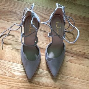 Gray ankle tie heels with pointed toe
